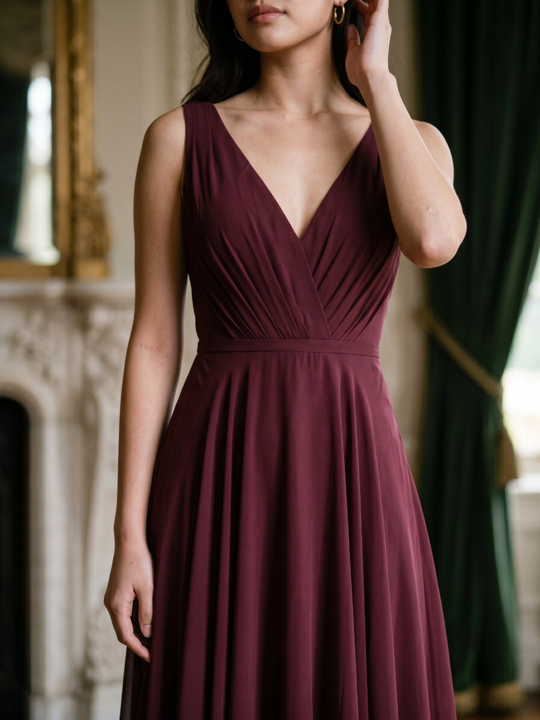 Cabernet Chiffon A-Line V-Neck V-Back Floor-Length Bridesmaid Dress with Pleating - Curvevia