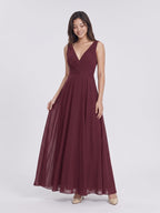 Cabernet Chiffon A-Line V-Neck V-Back Floor-Length Bridesmaid Dress with Pleating - Curvevia