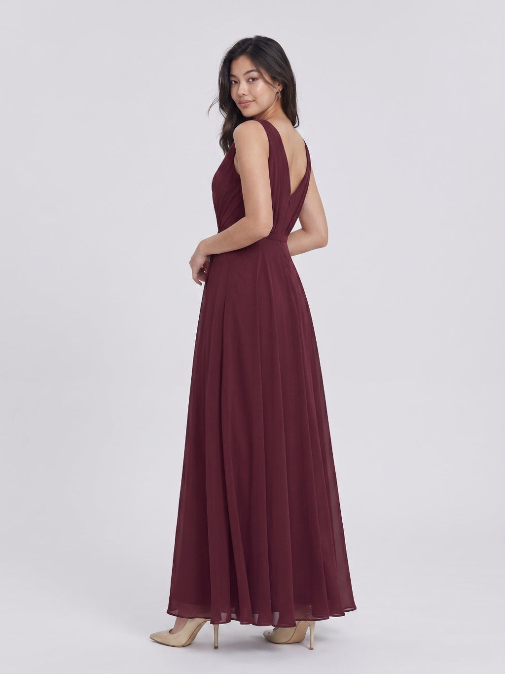 Cabernet Chiffon A-Line V-Neck V-Back Floor-Length Bridesmaid Dress with Pleating - Curvevia