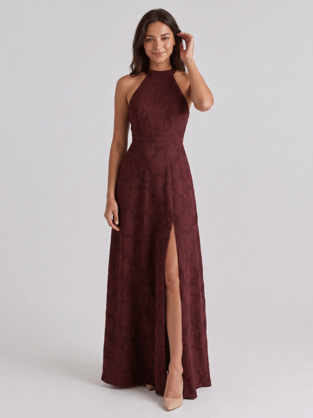Cabernet Jacquard A-Line Halter Neckline Criss-Cross Straps Floor-Length Bridesmaid Dress - Curvevia