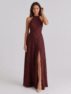 Cabernet Jacquard A-Line Halter Neckline Criss-Cross Straps Floor-Length Bridesmaid Dress - Curvevia
