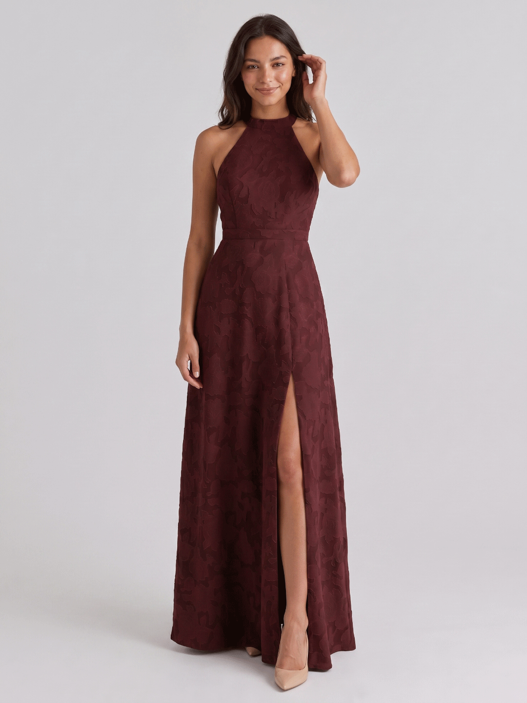 Cabernet Jacquard A-Line Halter Neckline Criss-Cross Straps Floor-Length Bridesmaid Dress - Curvevia