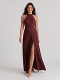 Cabernet Jacquard A-Line Halter Neckline Criss-Cross Straps Floor-Length Bridesmaid Dress - Curvevia