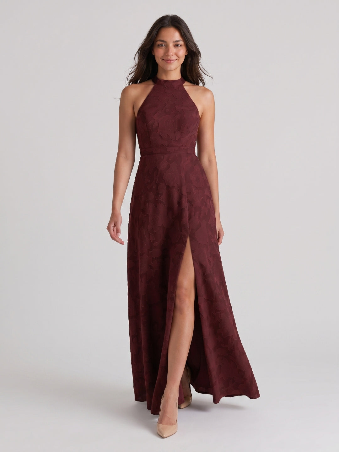 Cabernet Jacquard A-Line Halter Neckline Criss-Cross Straps Floor-Length Bridesmaid Dress - Curvevia