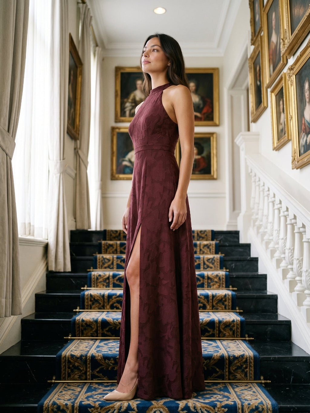 Cabernet Jacquard A-Line Halter Neckline Criss-Cross Straps Floor-Length Bridesmaid Dress - Curvevia