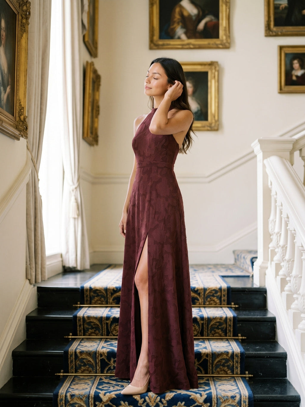 Cabernet Jacquard A-Line Halter Neckline Criss-Cross Straps Floor-Length Bridesmaid Dress - Curvevia