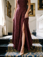 Cabernet Jacquard A-Line Halter Neckline Criss-Cross Straps Floor-Length Bridesmaid Dress - Curvevia