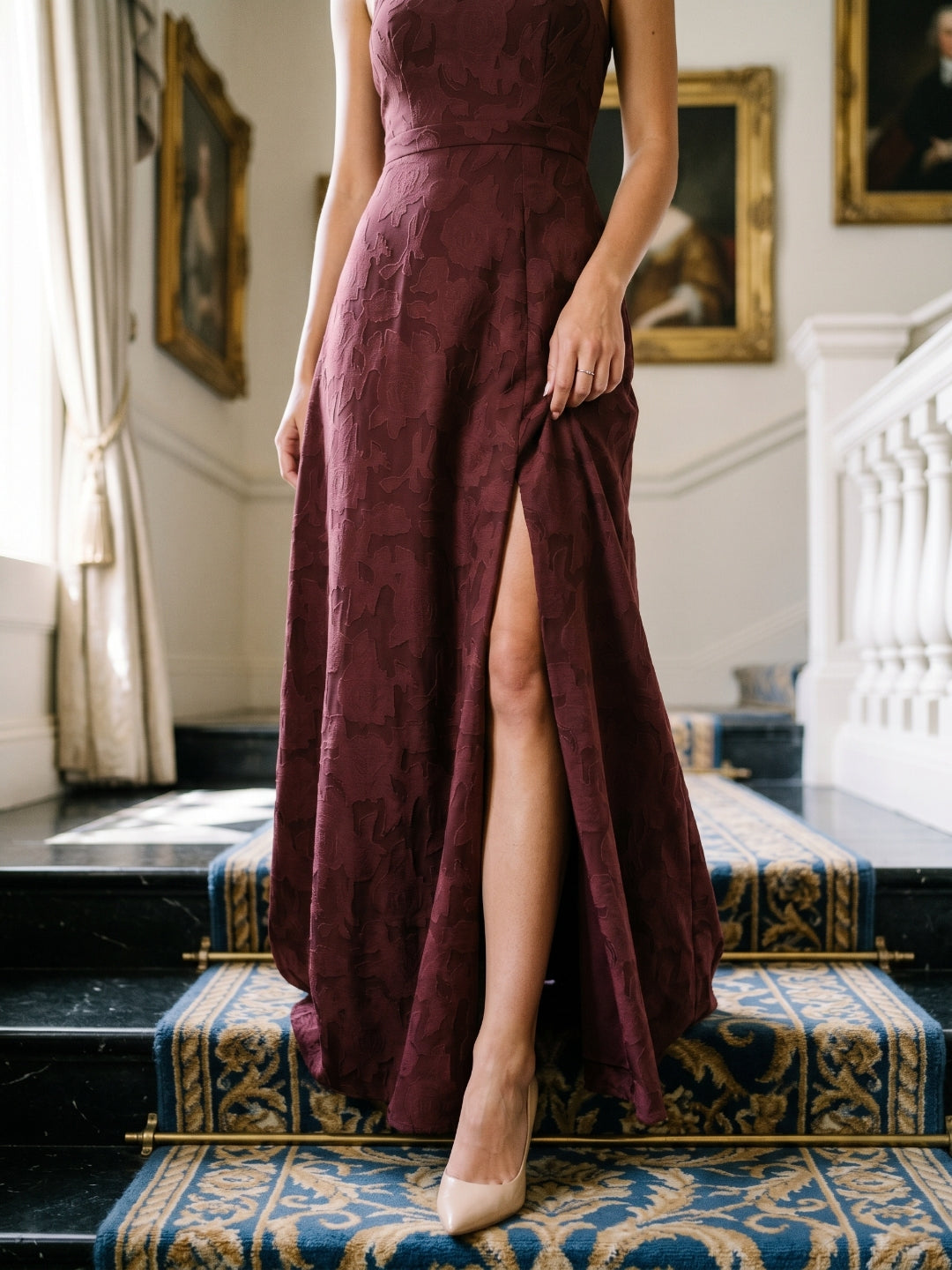 Cabernet Jacquard A-Line Halter Neckline Criss-Cross Straps Floor-Length Bridesmaid Dress - Curvevia