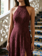 Cabernet Jacquard A-Line Halter Neckline Criss-Cross Straps Floor-Length Bridesmaid Dress - Curvevia