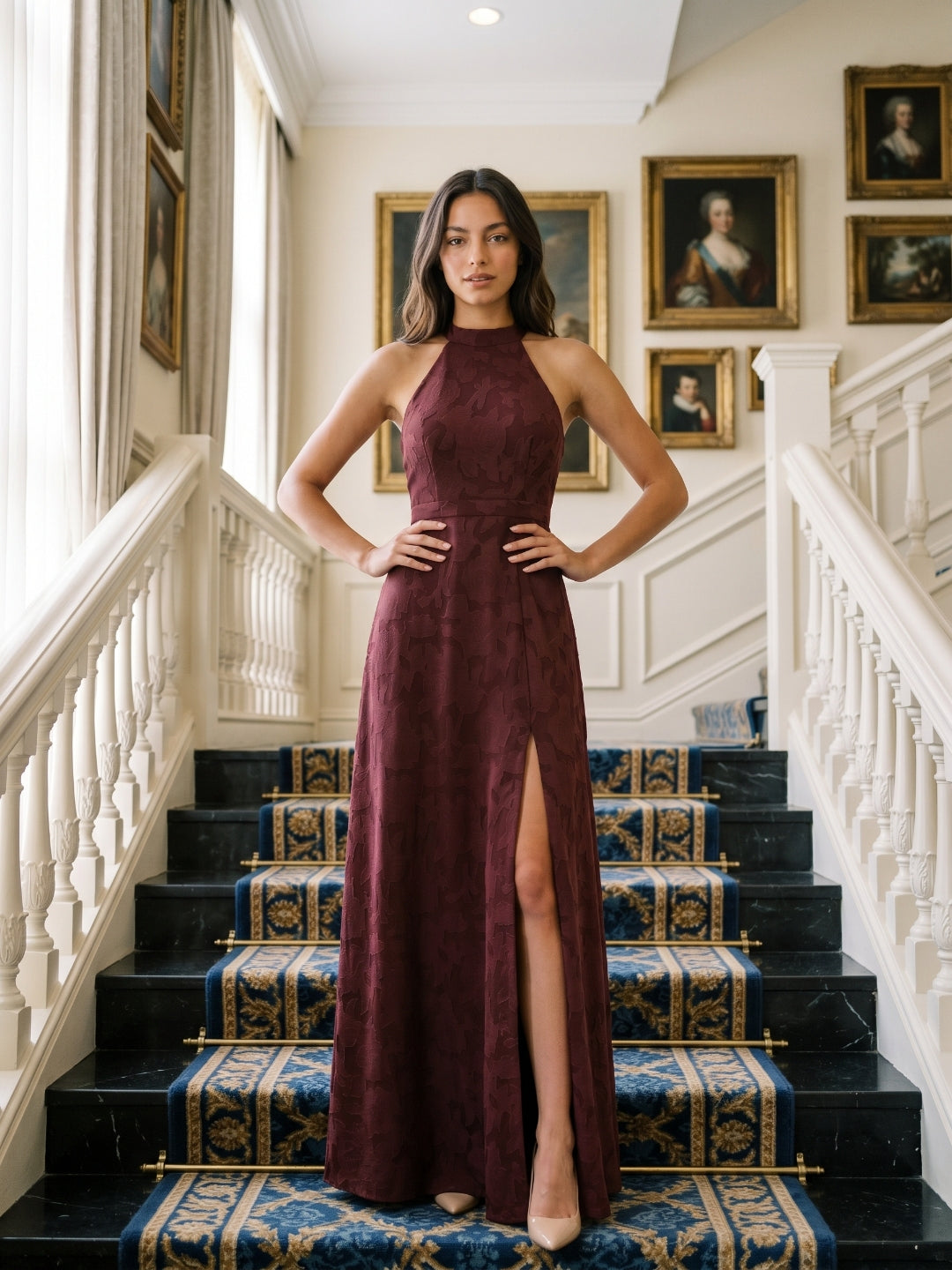 Cabernet Jacquard A-Line Halter Neckline Criss-Cross Straps Floor-Length Bridesmaid Dress - Curvevia