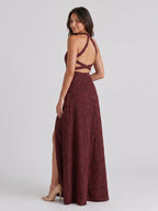 Cabernet Jacquard A-Line Halter Neckline Criss-Cross Straps Floor-Length Bridesmaid Dress - Curvevia