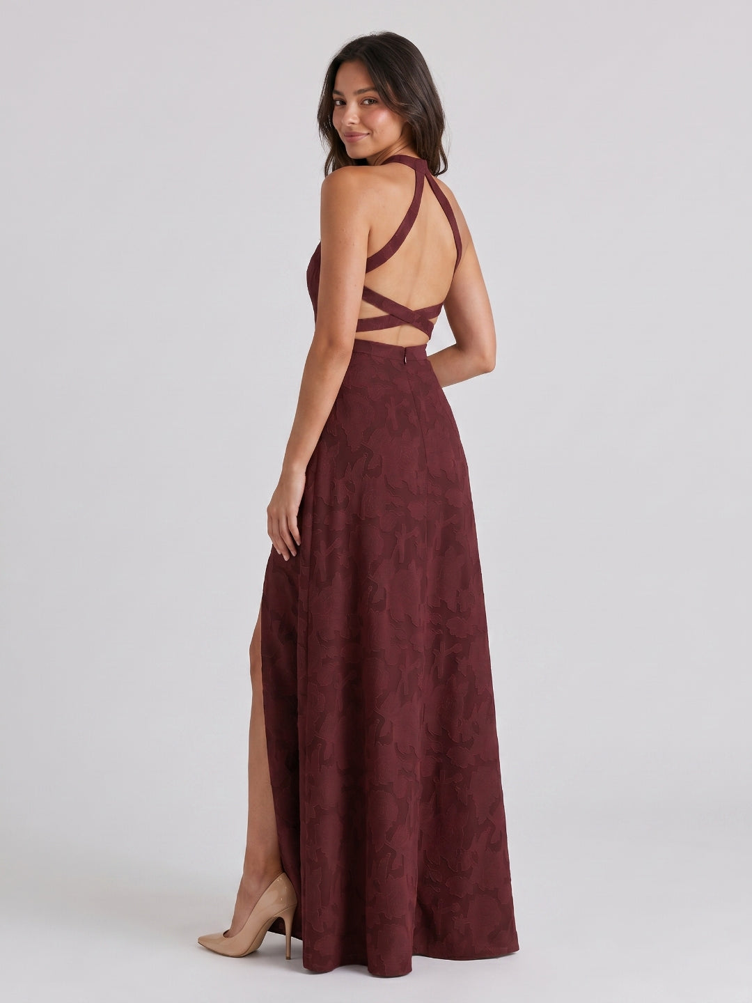 Cabernet Jacquard A-Line Halter Neckline Criss-Cross Straps Floor-Length Bridesmaid Dress - Curvevia