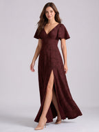 Cabernet Jacquard A-Line V-Neck Bow Back Floor-Length Bridesmaid Dress with Pockets - Curvevia