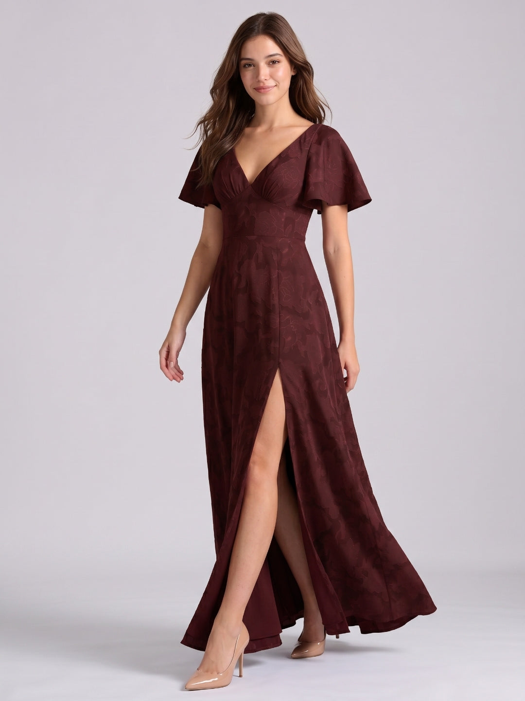 Cabernet Jacquard A-Line V-Neck Bow Back Floor-Length Bridesmaid Dress with Pockets - Curvevia