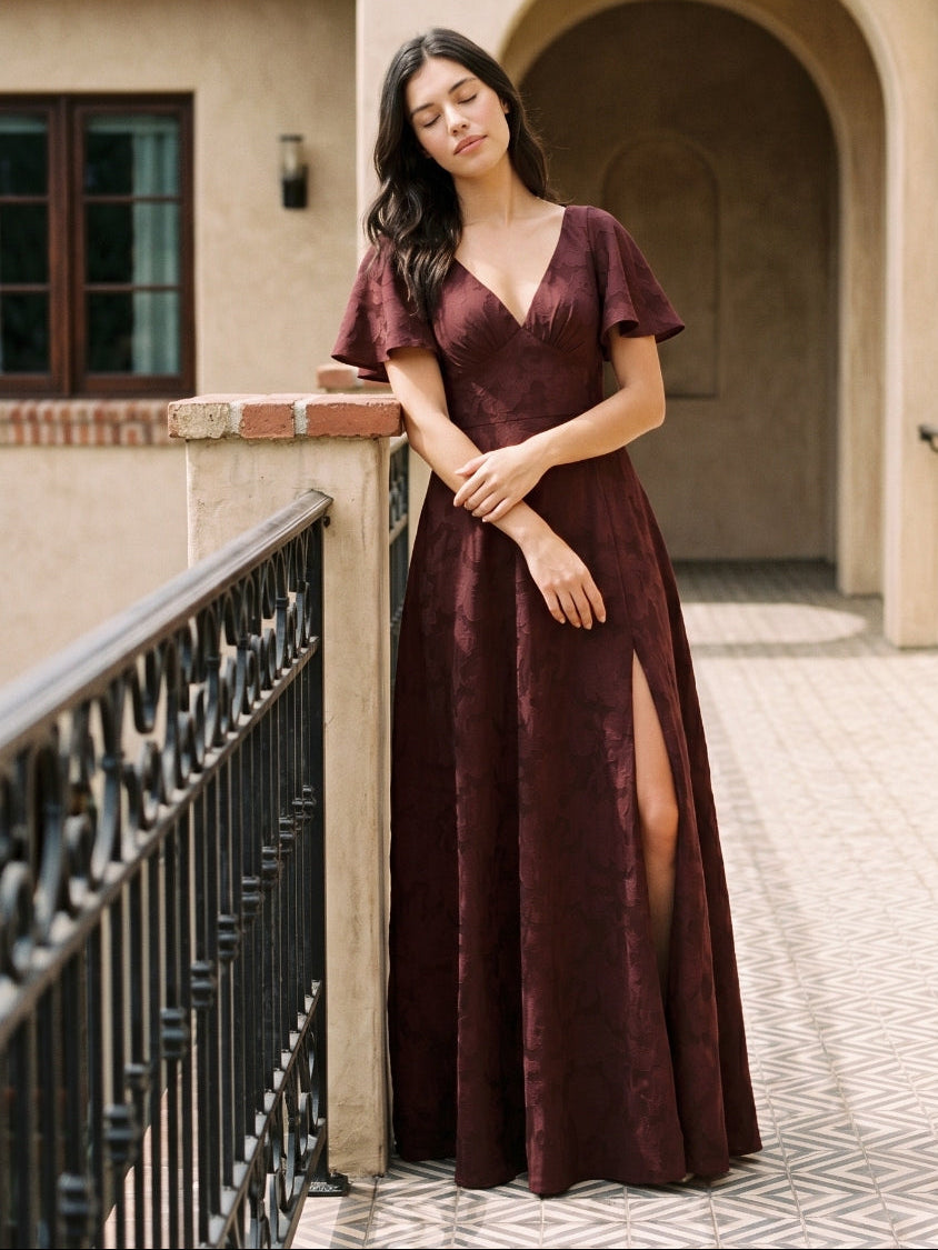Cabernet Jacquard A-Line V-Neck Bow Back Floor-Length Bridesmaid Dress with Pockets - Curvevia