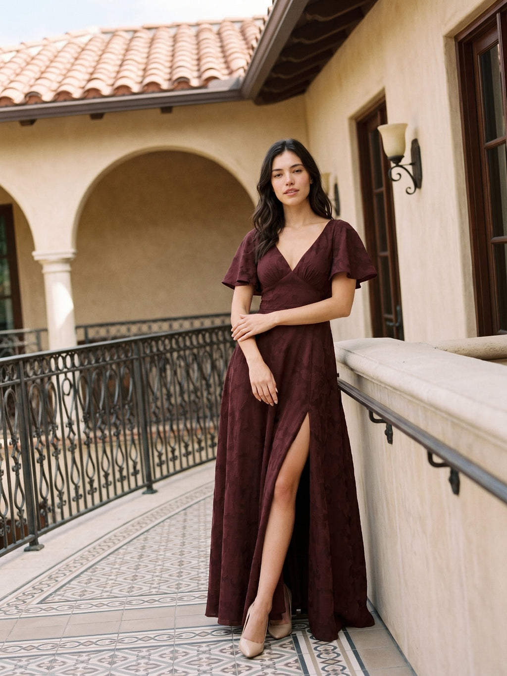 Cabernet Jacquard A-Line V-Neck Bow Back Floor-Length Bridesmaid Dress with Pockets - Curvevia
