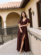 Cabernet Jacquard A-Line V-Neck Bow Back Floor-Length Bridesmaid Dress with Pockets - Curvevia