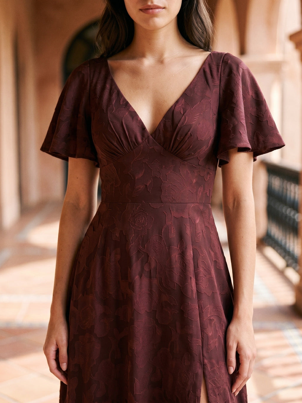 Cabernet Jacquard A-Line V-Neck Bow Back Floor-Length Bridesmaid Dress with Pockets - Curvevia