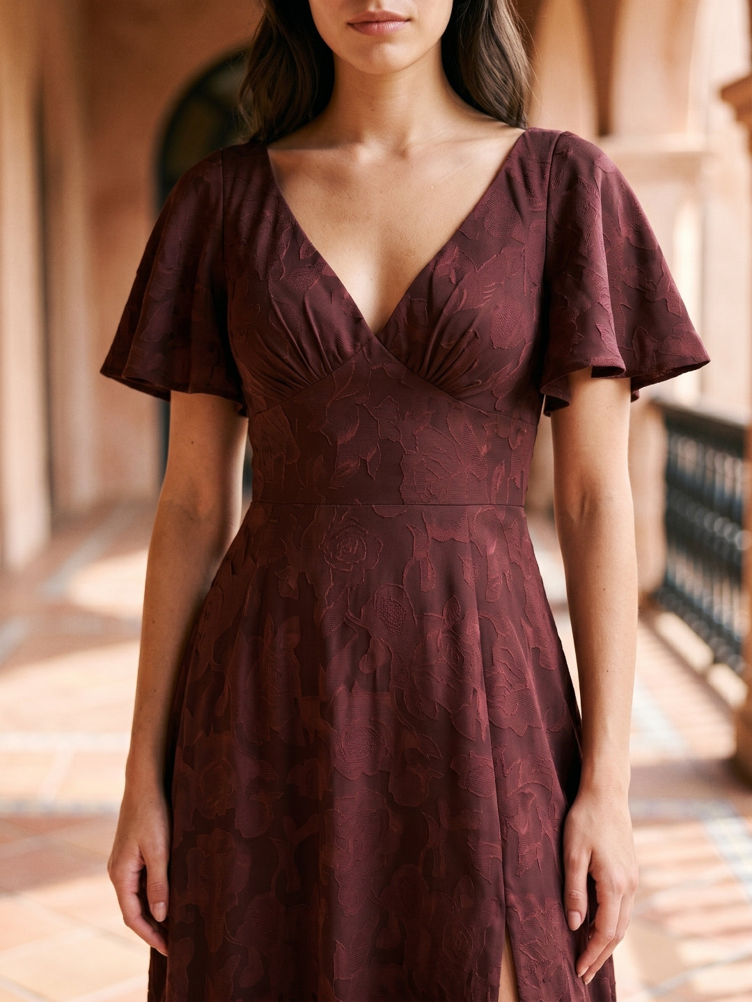 Cabernet Jacquard A-Line V-Neck Bow Back Floor-Length Bridesmaid Dress with Pockets - Curvevia