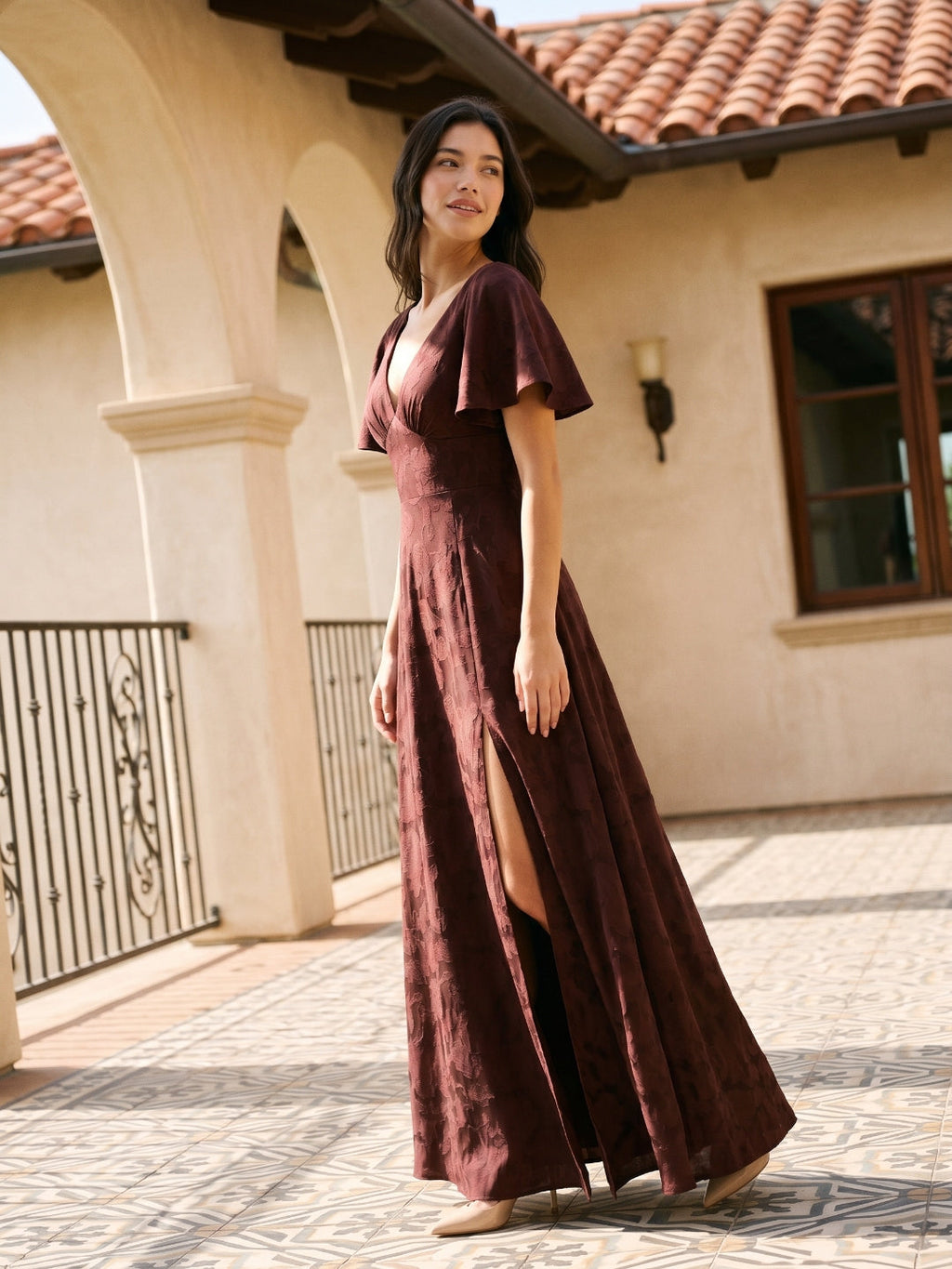 Cabernet Jacquard A-Line V-Neck Bow Back Floor-Length Bridesmaid Dress with Pockets - Curvevia