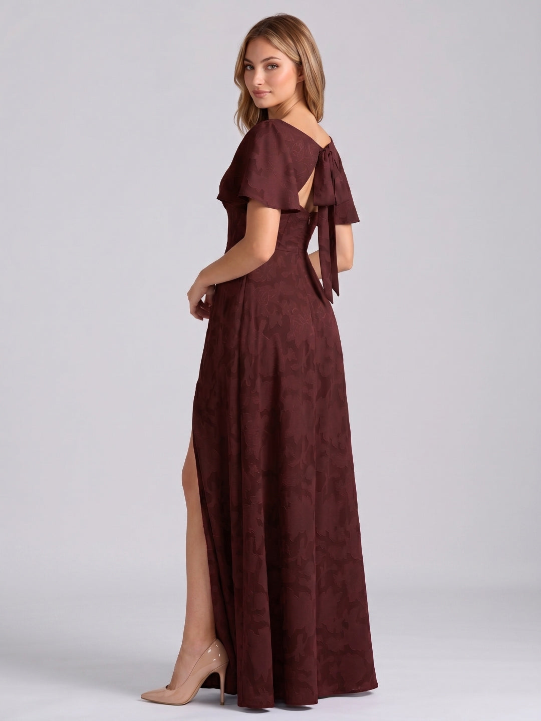 Cabernet Jacquard A-Line V-Neck Bow Back Floor-Length Bridesmaid Dress with Pockets - Curvevia