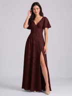 Cabernet Jacquard A-Line V-Neck Bow Back Floor-Length Bridesmaid Dress with Pockets - Curvevia