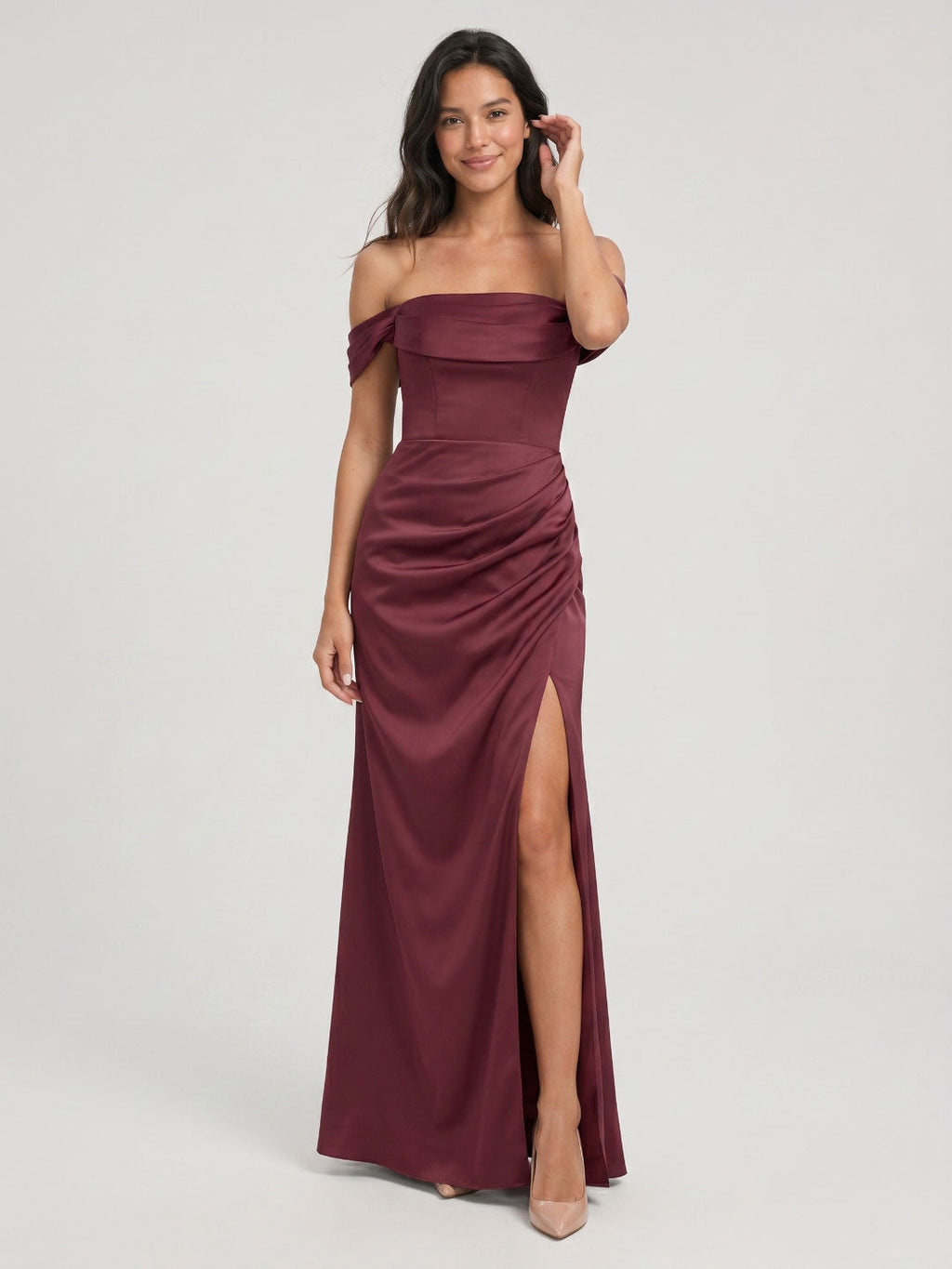 Cabernet Matte Satin A-Line Off-the-Shoulder Back Zip Floor-Length Bridesmaid Dress with Pleating - Curvevia