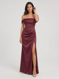 Cabernet Matte Satin A-Line Off-the-Shoulder Back Zip Floor-Length Bridesmaid Dress with Pleating - Curvevia