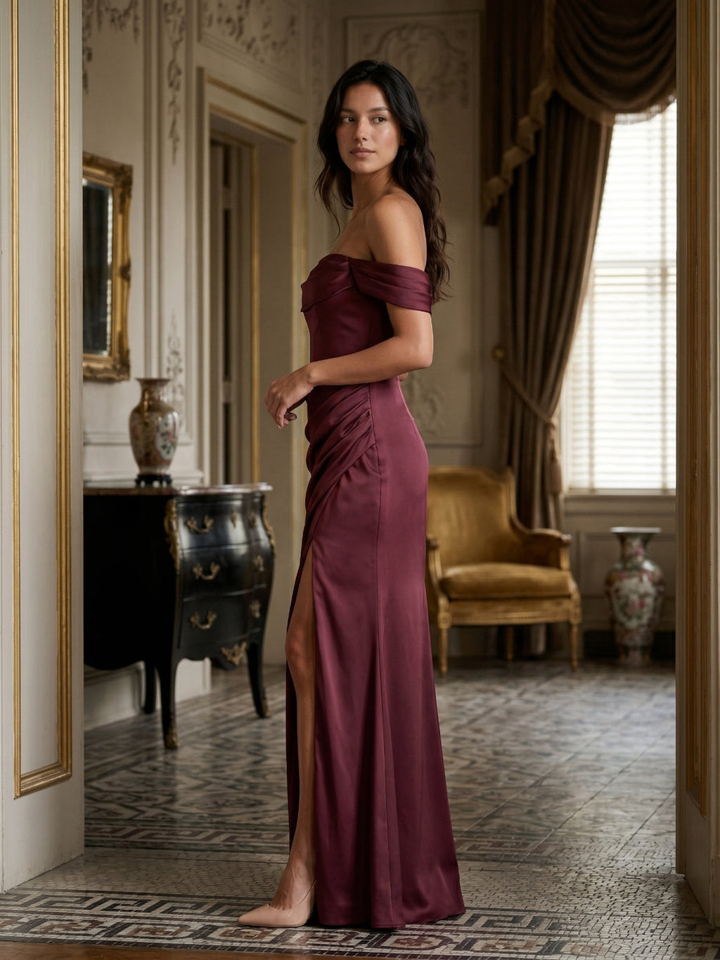 Cabernet Matte Satin A-Line Off-the-Shoulder Back Zip Floor-Length Bridesmaid Dress with Pleating - Curvevia