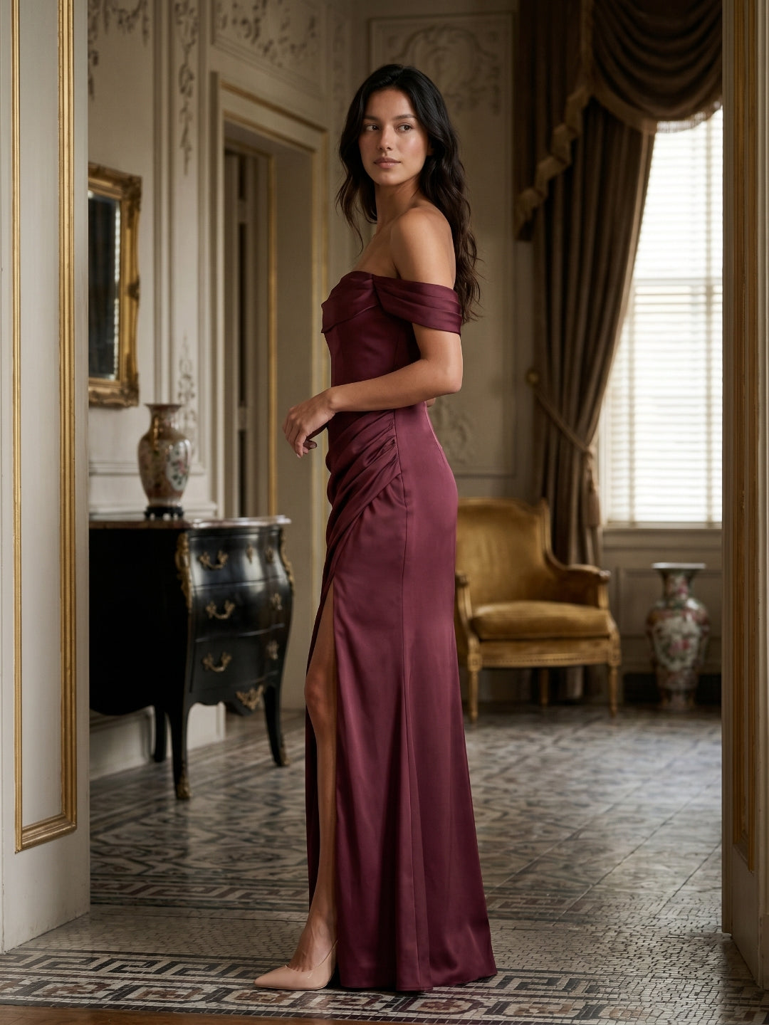 Cabernet Matte Satin A-Line Off-the-Shoulder Back Zip Floor-Length Bridesmaid Dress with Pleating - Curvevia