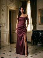 Cabernet Matte Satin A-Line Off-the-Shoulder Back Zip Floor-Length Bridesmaid Dress with Pleating - Curvevia