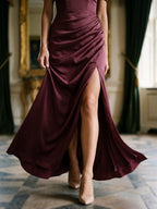 Cabernet Matte Satin A-Line Off-the-Shoulder Back Zip Floor-Length Bridesmaid Dress with Pleating - Curvevia