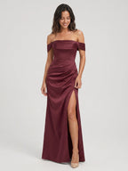 Cabernet Matte Satin A-Line Off-the-Shoulder Back Zip Floor-Length Bridesmaid Dress with Pleating - Curvevia
