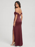 Cabernet Matte Satin A-Line Off-the-Shoulder Back Zip Floor-Length Bridesmaid Dress with Pleating - Curvevia