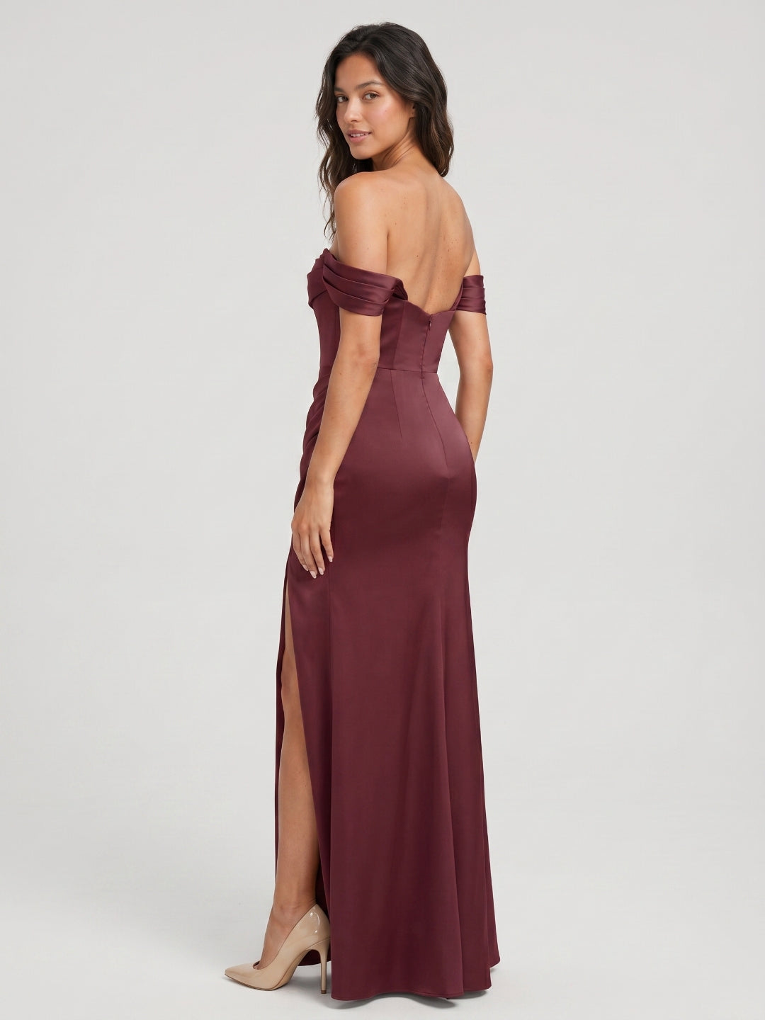 Cabernet Matte Satin A-Line Off-the-Shoulder Back Zip Floor-Length Bridesmaid Dress with Pleating - Curvevia