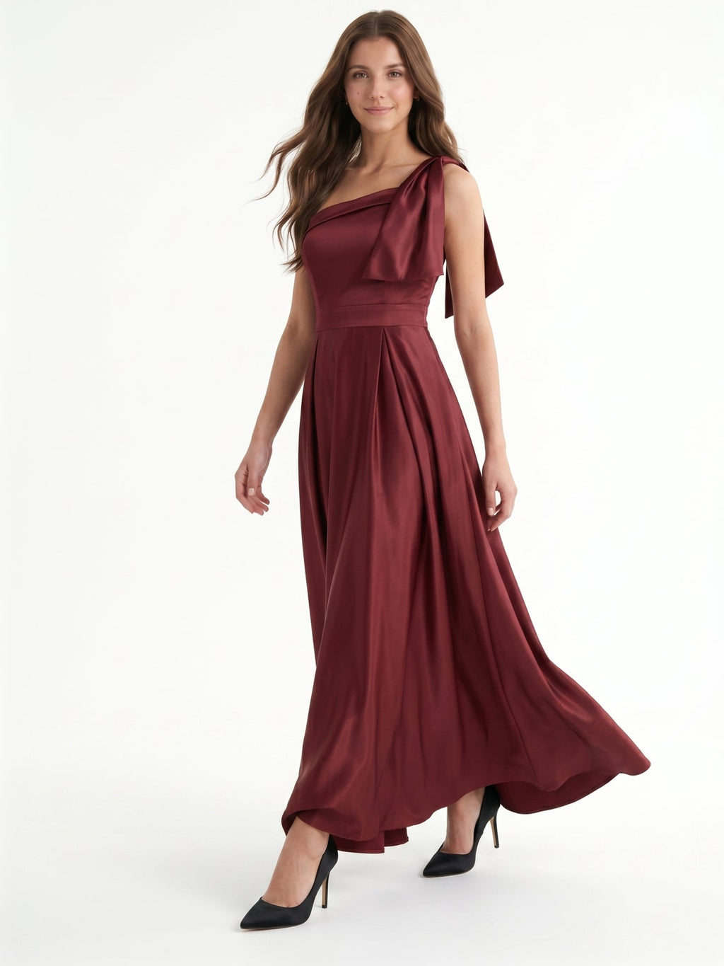 Cabernet Satin A-Line One Shoulder Backless Floor-Length Bridesmaid Dress - Curvevia