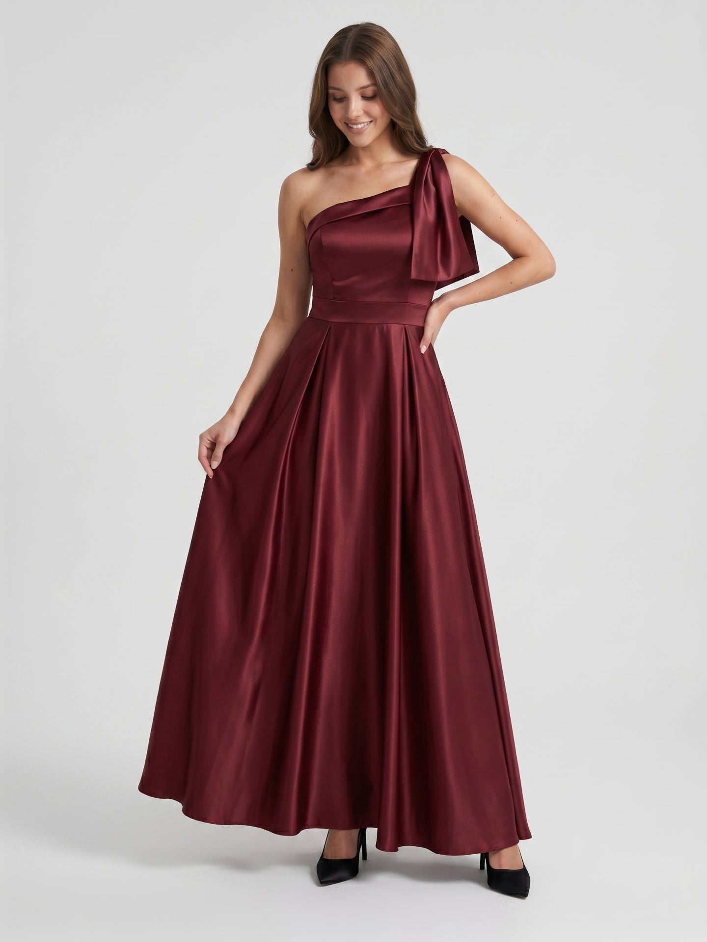 Cabernet Satin A-Line One Shoulder Backless Floor-Length Bridesmaid Dress - Curvevia