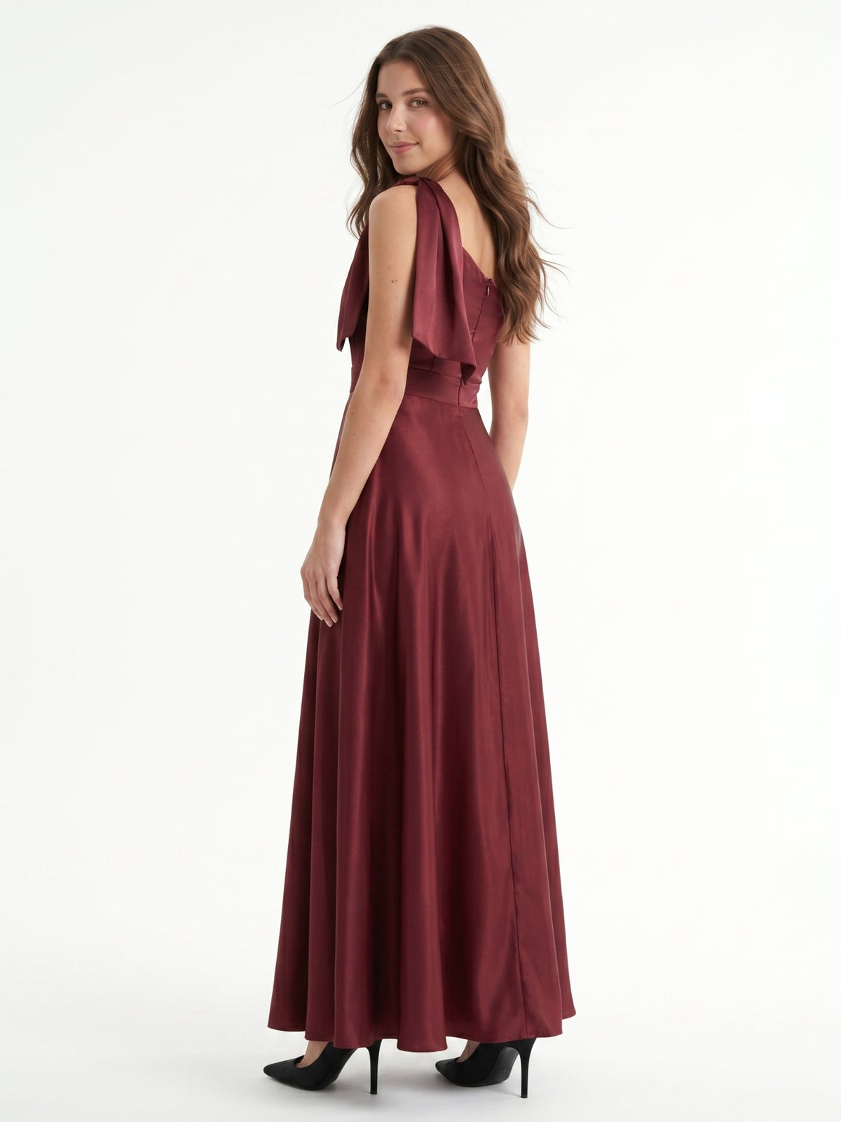 Cabernet Satin A-Line One Shoulder Backless Floor-Length Bridesmaid Dress - Curvevia