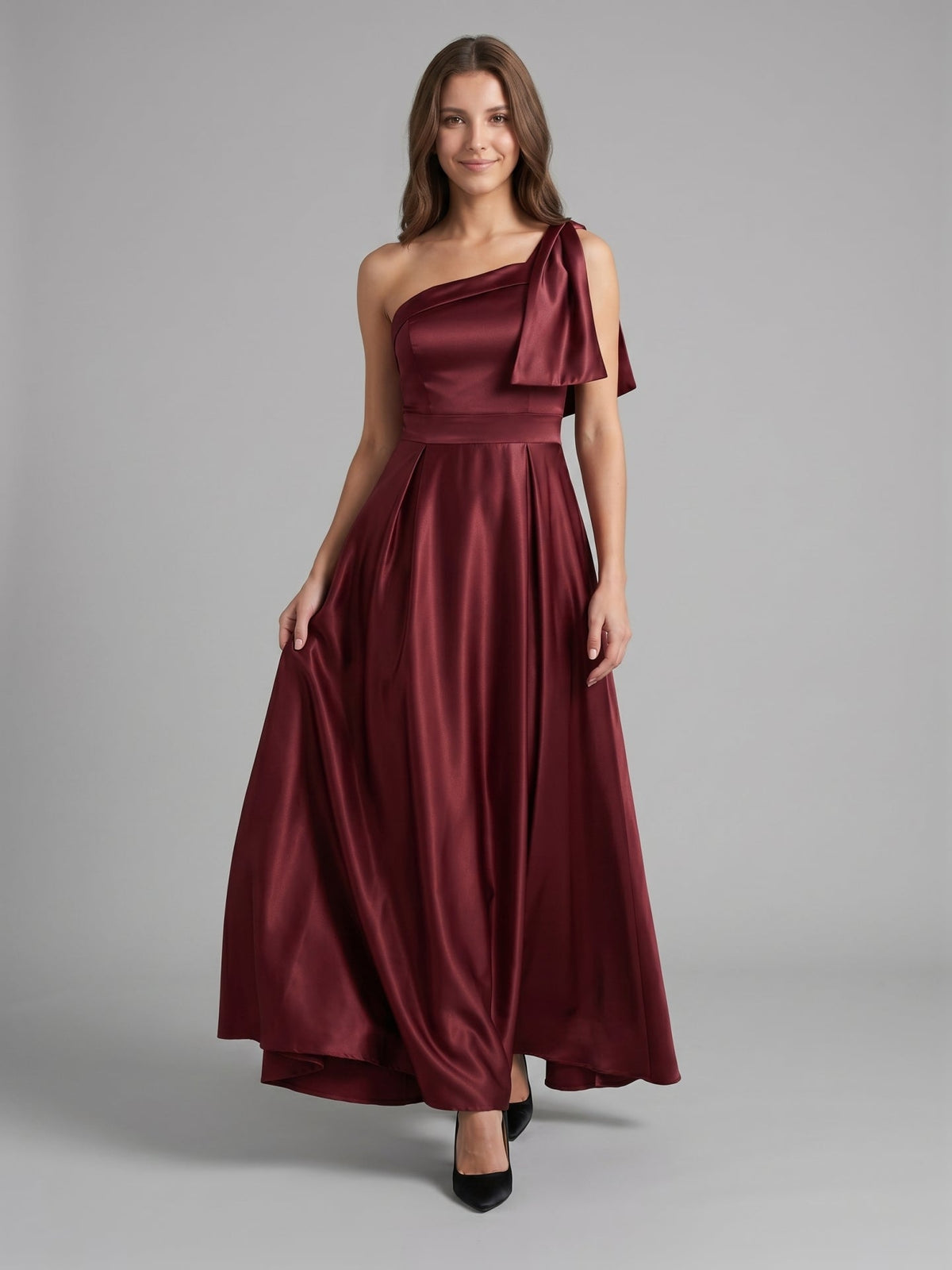 Cabernet Satin A-Line One Shoulder Backless Floor-Length Bridesmaid Dress - Curvevia