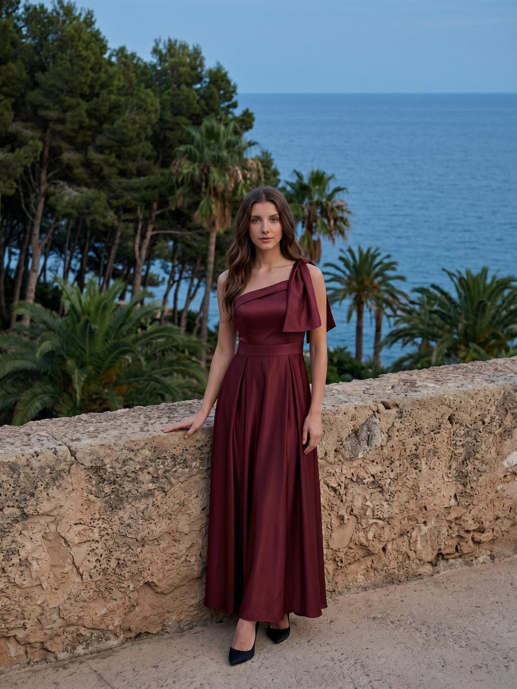 Cabernet Satin A-Line One Shoulder Backless Floor-Length Bridesmaid Dress - Curvevia