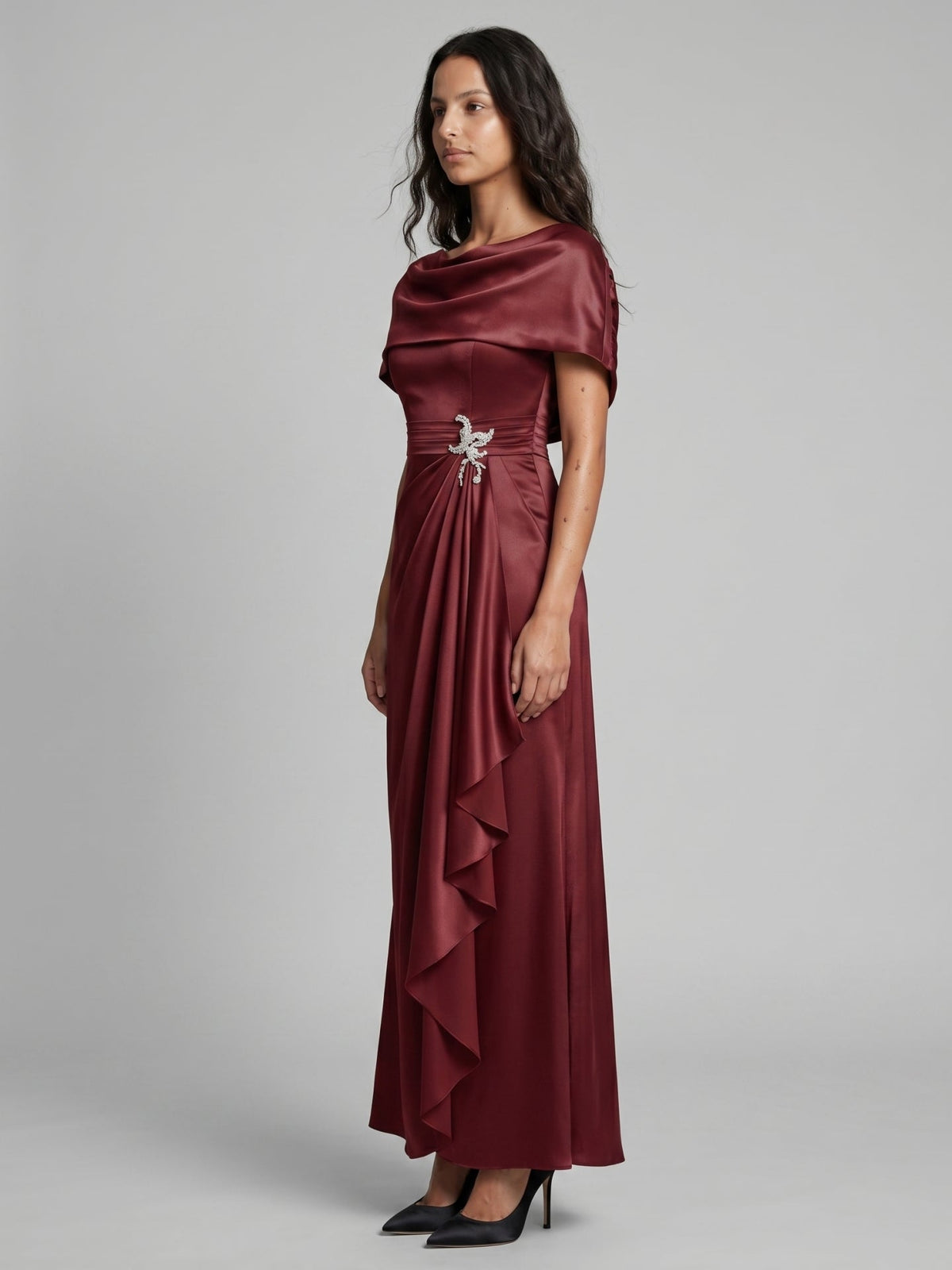 Cabernet Satin A-Line Scoop Neck Back Zip Floor-Length Bridesmaid Dress with Pleats - Curvevia