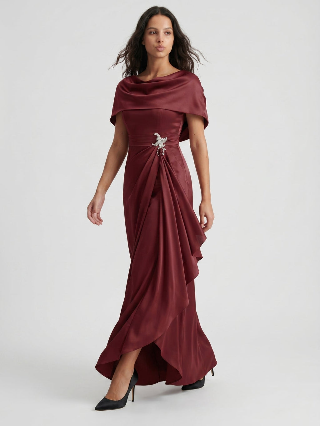 Cabernet Satin A-Line Scoop Neck Back Zip Floor-Length Bridesmaid Dress with Pleats - Curvevia