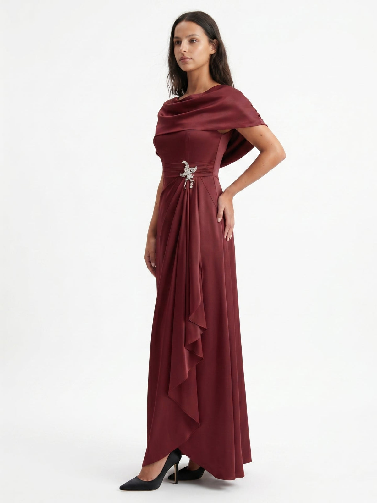 Cabernet Satin A-Line Scoop Neck Back Zip Floor-Length Bridesmaid Dress with Pleats - Curvevia