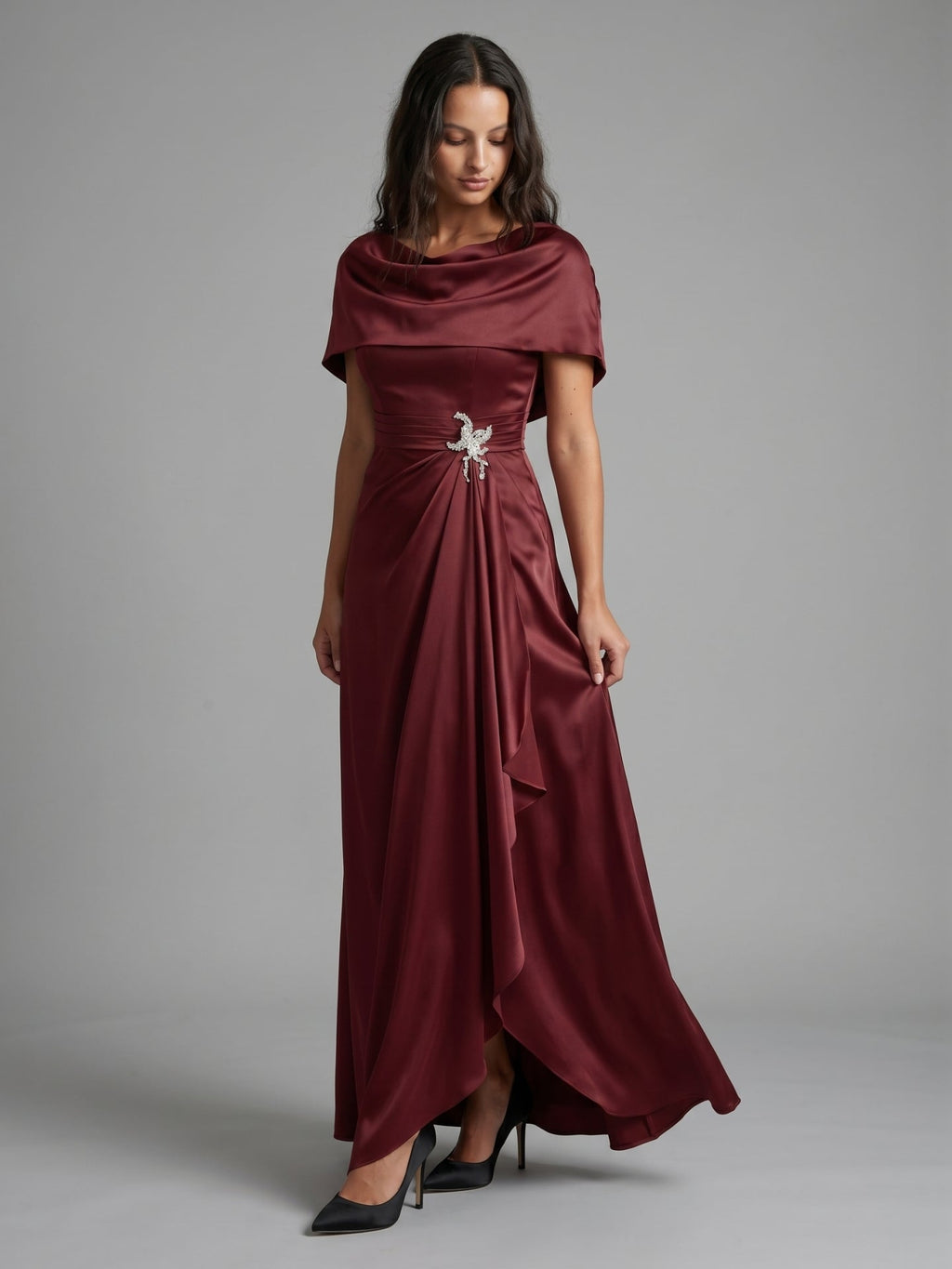 Cabernet Satin A-Line Scoop Neck Back Zip Floor-Length Bridesmaid Dress with Pleats - Curvevia