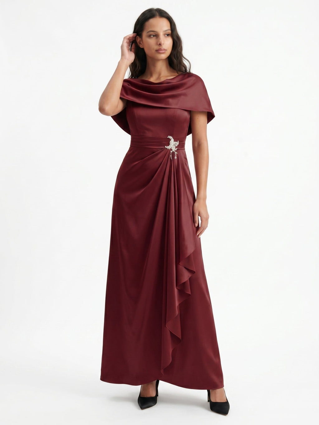 Cabernet Satin A-Line Scoop Neck Back Zip Floor-Length Bridesmaid Dress with Pleats - Curvevia