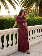 Cabernet Satin A-Line Scoop Neck Back Zip Floor-Length Bridesmaid Dress with Pleats - Curvevia