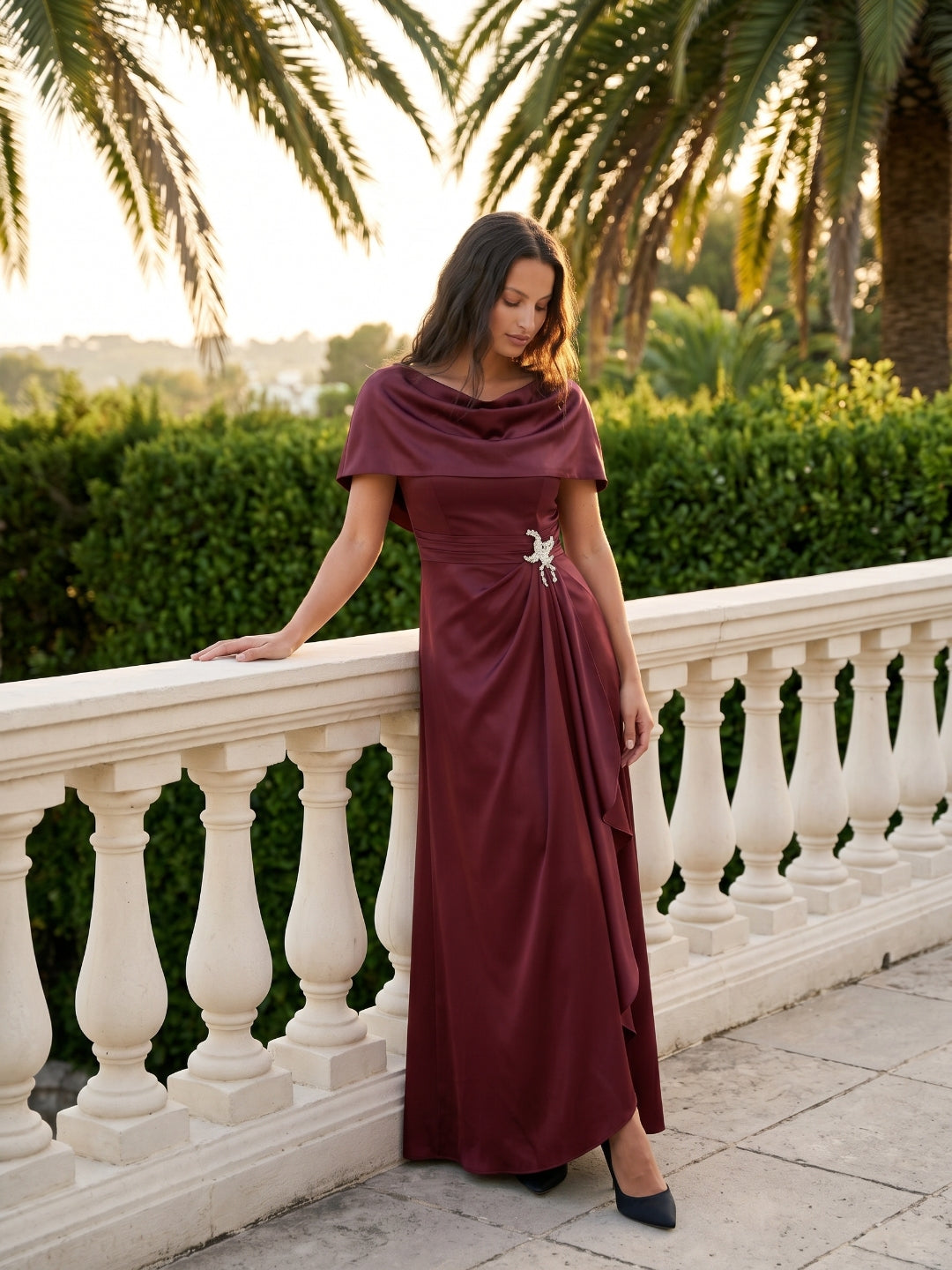 Cabernet Satin A-Line Scoop Neck Back Zip Floor-Length Bridesmaid Dress with Pleats - Curvevia