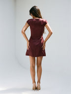 Cabernet Satin A-Line Square Neck Back Zip Short Dress with Pleating - Curvevia