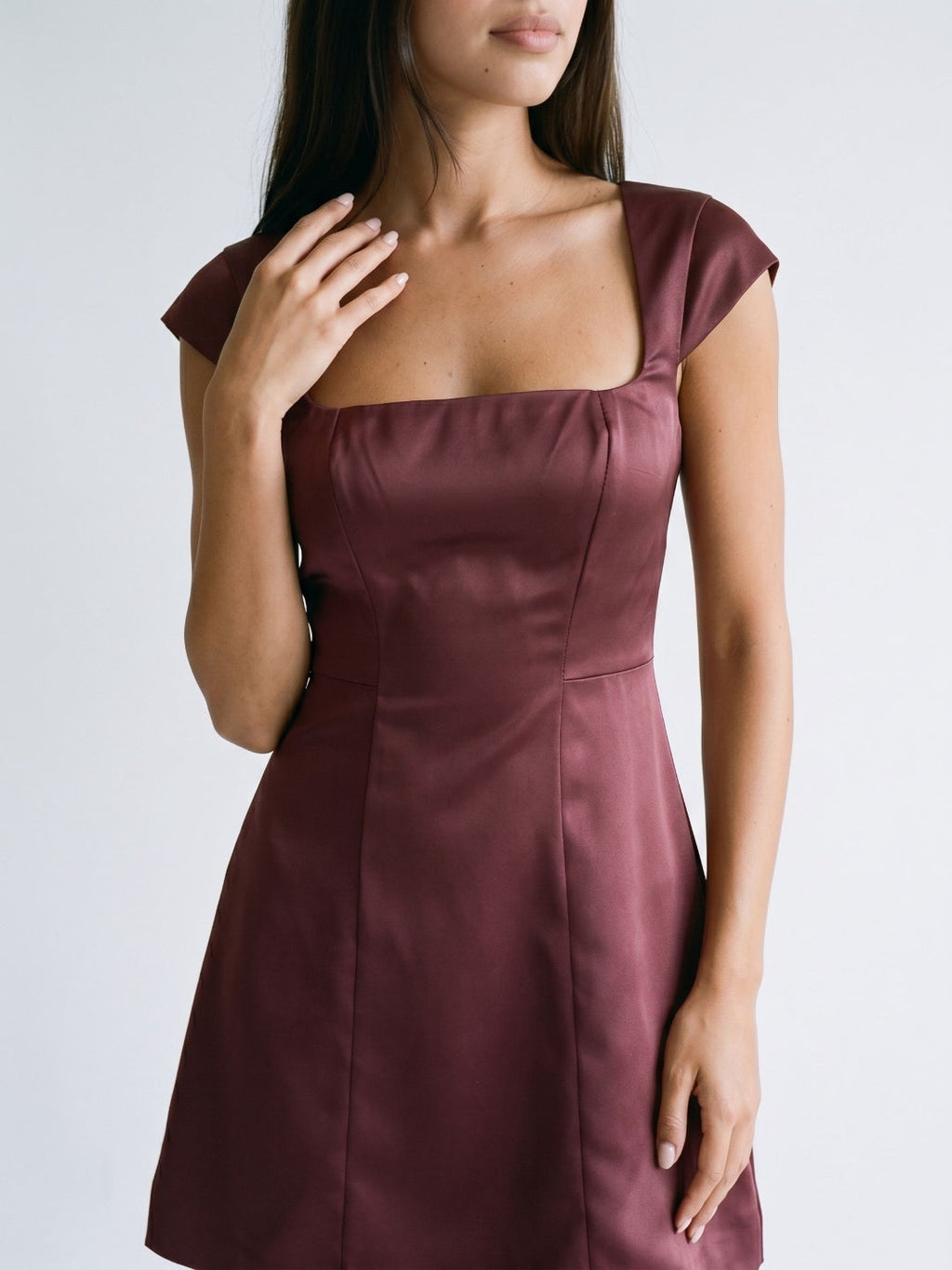 Cabernet Satin A-Line Square Neck Back Zip Short Dress with Pleating - Curvevia