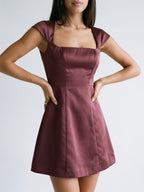 Cabernet Satin A-Line Square Neck Back Zip Short Dress with Pleating - Curvevia